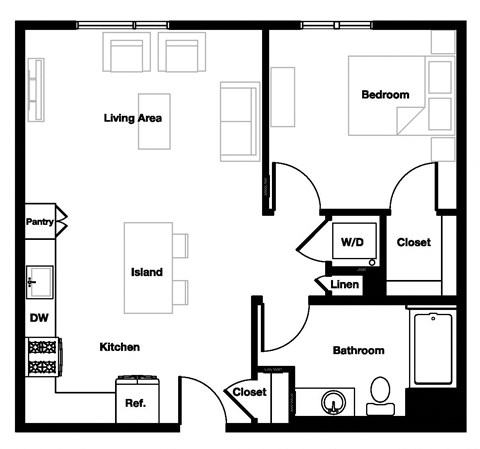 Floor plan for 1 bed, 1 bath, 752 sqft